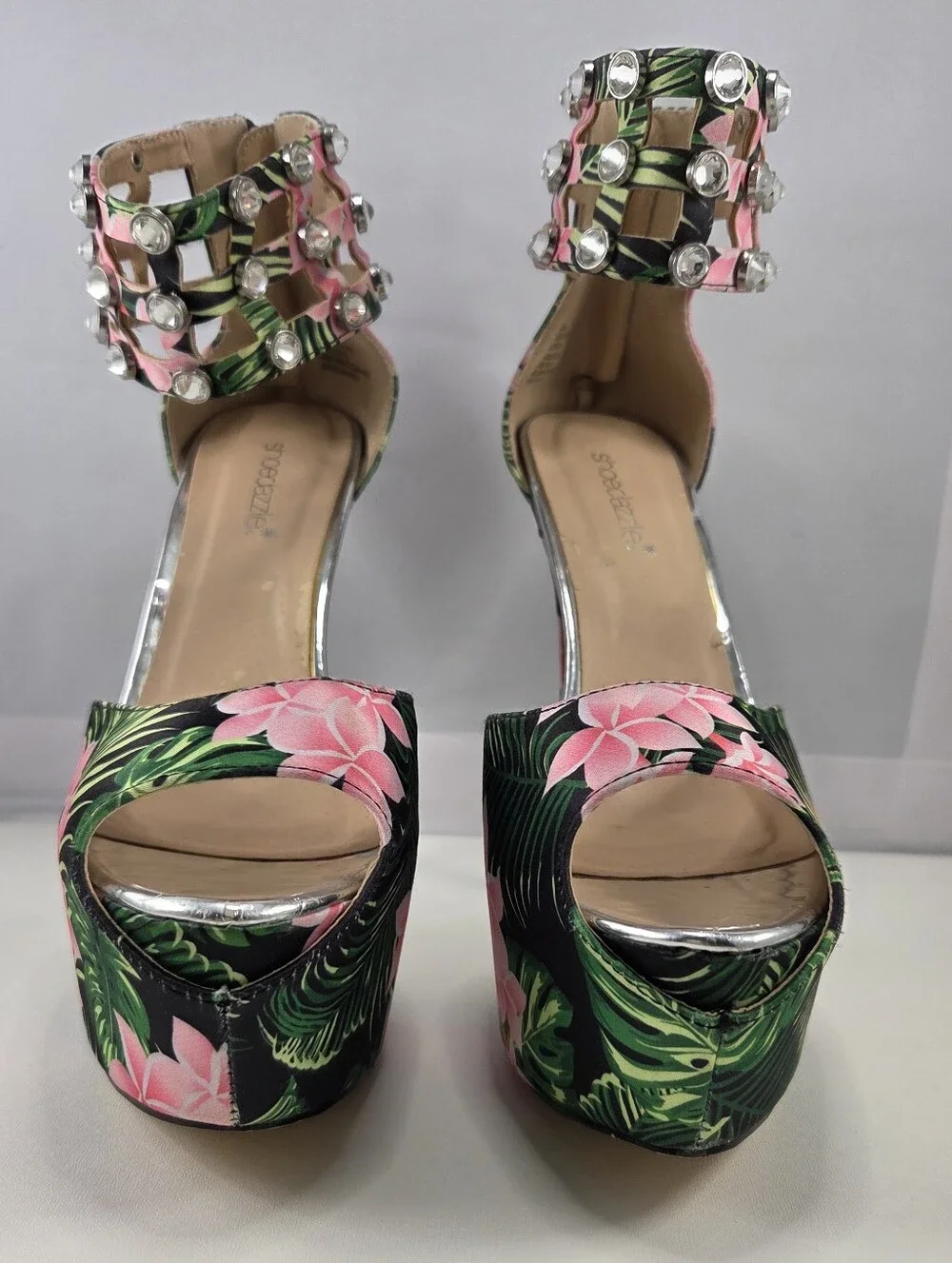 ShoeDazzle Sabella Tropical Floral Rhinestone Platform Heels Size 9.5
